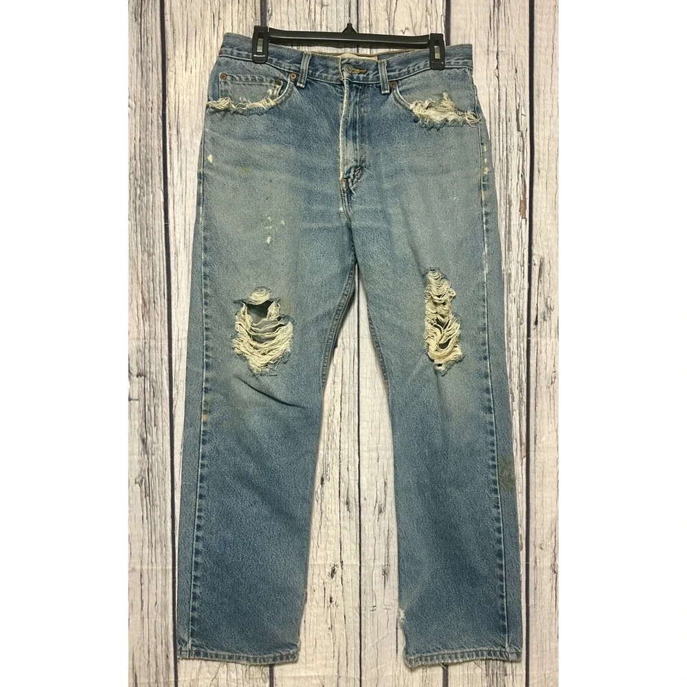 Levis 505 Regular Fit Distressed Jeans Mens 32x30 Blue Ripped Straight Leg Denim